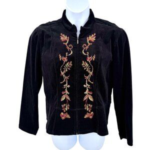 CHRISTOPHER & BANKS BLACK STRETCH CORDUROY JACKET w FLORAL EMBROIDERY - L
